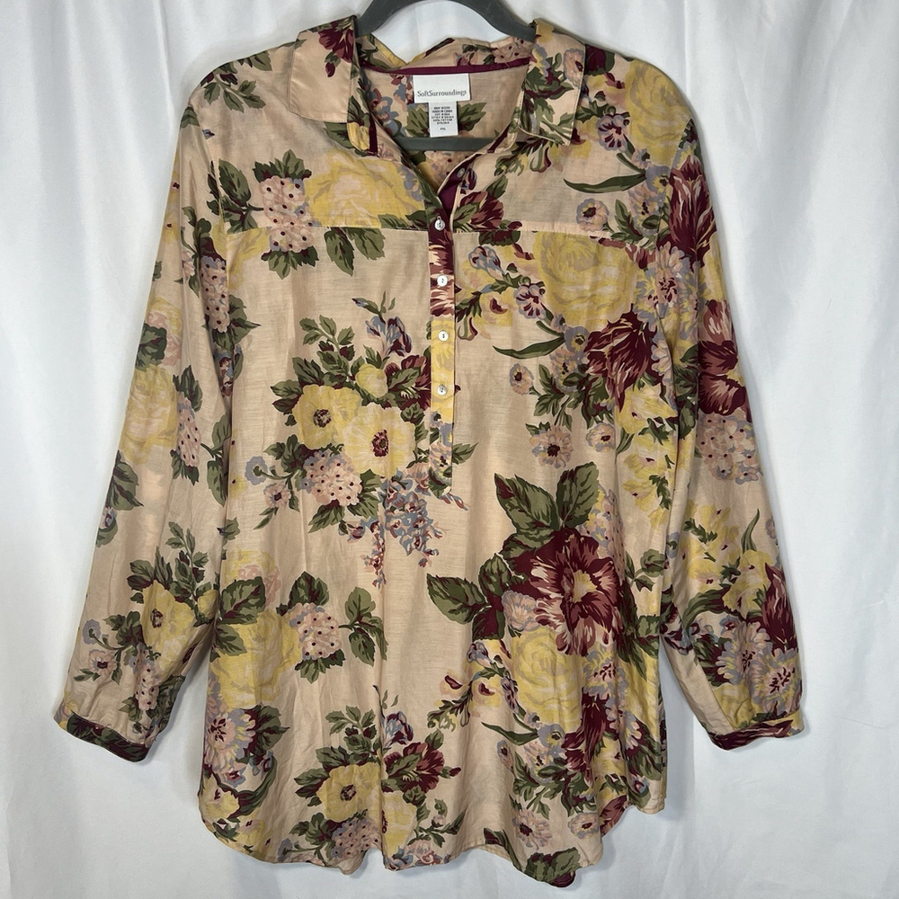 Soft Surroundings Women’s XLP Silk Artsy Blouse Breezy Boho Button Up Tunic Top